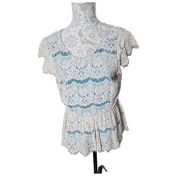 Maeve Anthropologie Layered Lace Top Shirt Blouse Ivory Blue NWT Women's Large - Picture 1 of 10